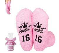 1 Pair Funny Birthday Socks for 16th Birthday Gifts Girl, Cotton Novelty Printed Mid Calf Socks with Crown and Cake Design, Sweet 16 Celebration Gift for Teens Birthdays