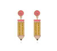 1-Pair Gold Tone Rhinestone Enamel Pencil Drop Earrings - Cute Back to School Novelty Jewelry for Women