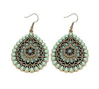 1 Pair Green Boho Earrings, Vintage Bronze Teardrop Dangles
