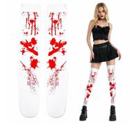 1 Pair Halloween Bloody Socks White Red Blood Stained High Tights | halloween costume accessories,zombie nurse bride outfits,blood stained stockings,over knee white tights,one size legwear