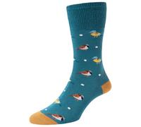 1 Pair HJ Garden Birds Comfort Top Socks HJ544 Teal 4-7