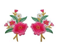 1 Pair Jasmine Flowers with Green Leaves Embroidered Appliques Sew Iron on Patches-Rose