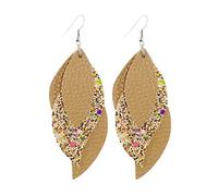 1 Pair Leather Layered Leaf Sequin Teardrop Dangler Handmade Glitter Drop Earring Party Summer Ear Jewelry for Women Girl Ladies (Pink)