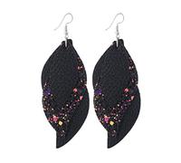 1 Pair Leather Layered Leaf Sequin Teardrop Dangler Handmade Glitter Drop Earring Party Summer Ear Jewelry for Women Girl Ladies (Pink)
