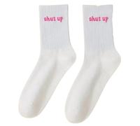 1 Pair Mid-Calf Socks With "SHUT UP" Graphic, White Polyester 95.0% Spandex 5.0%