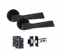1 Pair Modern Aura Design Matt Black Internal Door Handles Round Rose 3" Ball Bearing Hinges And 2.5" Tubular Latch - Golden Grace