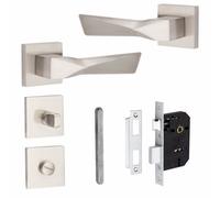 1 Pair Modern Aura Design Satin Nickel Premium Bathroom Internal Door Handles Square Rose - Golden Grace