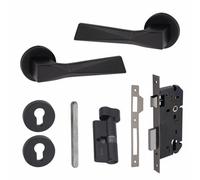 1 Pair Modern Aura Euro Lock Internal Door Handles, 70mm Key & Thumbturn Barrell Matt Black Finish - Golden Grace