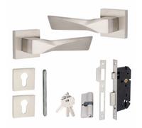 1 Pair Modern Aura Square Rose Euro Lock Internal Door Handles 70mm Key & Key Barrell Satin Nickel Finish - Golden Grace