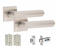 1 Pair Modern Lima Design Satin Nickel Internal Door Handles Square Rose 3" Ball Bearing Hinges And Tubular Latch - Golden Grace