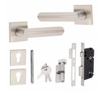 1 Pair Modern Lima Euro Lock Door Square Rose Internal Handles 70mm Thumbturn Barrell Satin Nickel Finish - Golden Grace