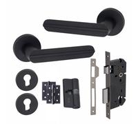 1 Pair Modern Lima Euro Lock Internal Door Handles, 70mm Key & Key Barrell Matt Black Finish & Ball Bearing Hinges - Golden Grace