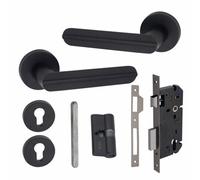 1 Pair Modern Lima Euro Lock Internal Door Handles, 70mm Key & Key Barrell Matt Black Finish - Golden Grace