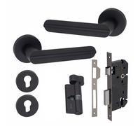 1 Pair Modern Lima Euro Lock Internal Door Handles, 70mm Key & Thumbturn Barrell Matt Black Finish - Golden Grace