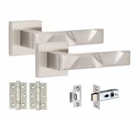 1 Pair Modern Nova Design Satin Nickel Internal Door Handles Square Rose 3" Ball Bearing Hinges And Tubular Latch - Golden Grace