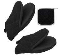 1 Pair of Black Oven Gloves Heat Resistant, Premium Reusable Cotton Oven Mitts with Hanging Loop, Washable Non-Slip Kitchen Gloves and Insulating Mat for Baking, Grilling, Barbecue, Cooking, Microwave