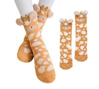1 Pair of Orange Giraffe Socks - Women's Mid-Calf, Coral Velvet, Thickened Velvet Warm Socks for Autumn and Winter