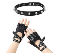 1 Pair Of Rivet Hollow Gloves And 1 Piece Of Rivet Collar, Personality Punk Style, Stage Performance Accessories, Suitable For Party Dress Up And Rock Style.