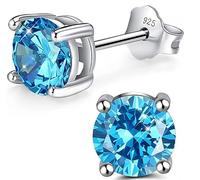 1 Pair Real 925 Sterling Silver Hypoallergenic December Birthstone Round Cut Stud Earrings 8mm CZ Blue Zircon Stone Solitaire Studs Anniversary Birthday Gift SSE71