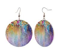 1 Pair Round Leather Earring for Women Abstract Purple Weeping Flower Print Leather Earring Hooks Suitable for Party Daily Wear