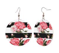 1 Pair Round Leather Earring for Women Black White Striped Flowers Print Leather Earring Hooks Suitable for Party Daily Wear