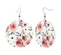 1 Pair Round Leather Earring for Women Blossoming Rose Flowers Print Leather Earring Hooks Suitable for Party Daily Wear