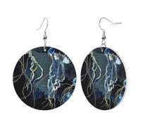 1 Pair Round Leather Earring for Women Blue and Gold Jellyfish Print Leather Earring Hooks Suitable for Party Daily Wear