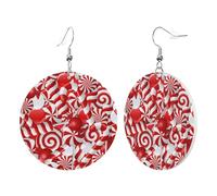 1 Pair Round Leather Earring for Women Candy Canes Print Leather Earring Hooks Suitable for Party Daily Wear