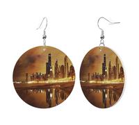 1 Pair Round Leather Earring for Women Chicago City Print Leather Earring Hooks Suitable for Party Daily Wear