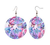 1 Pair Round Leather Earring for Women Colorful Butterfly Print Leather Earring Hooks Suitable for Party Daily Wear