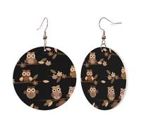 1 Pair Round Leather Earring for Women Cute Brown Cartoon Owls Print Leather Earring Hooks Suitable for Party Daily Wear