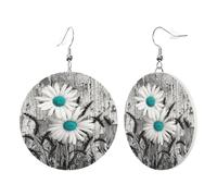 1 Pair Round Leather Earring for Women Daisy Flowers Print Leather Earring Hooks Suitable for Party Daily Wear