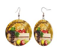 1 Pair Round Leather Earring for Women Fall Red Leaves and Fruits Print Leather Earring Hooks Suitable for Party Daily Wear