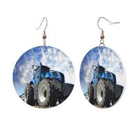 1 Pair Round Leather Earring for Women Farm Tractor Print Leather Earring Hooks Suitable for Party Daily Wear