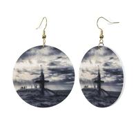 1 Pair Round Leather Earring for Women Giant Nuclear Ship Print Leather Earring Hooks Suitable for Party Daily Wear