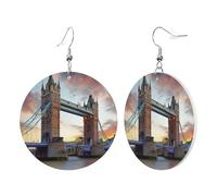 1 Pair Round Leather Earring for Women Historic Old Tower Bridge London Print Leather Earring Hooks Suitable for Party Daily Wear