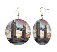 1 Pair Round Leather Earring for Women Historic Old Tower Bridge London Print Leather Earring Hooks Suitable for Party Daily Wear