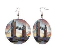 1 Pair Round Leather Earring for Women Historic Old Tower Bridge London Print Leather Earring Hooks Suitable for Party Daily Wear