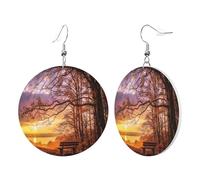 1 Pair Round Leather Earring for Women Lonely Bench Sunset Print Leather Earring Hooks Suitable for Party Daily Wear
