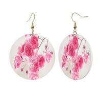 1 Pair Round Leather Earring for Women Pink Flowers Print Leather Earring Hooks Suitable for Party Daily Wear
