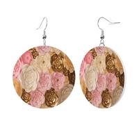 1 Pair Round Leather Earring for Women Pink White Gold Flowers Print Leather Earring Hooks Suitable for Party Daily Wear