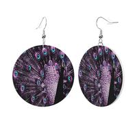 1 Pair Round Leather Earring for Women Purple Peacock Print Leather Earring Hooks Suitable for Party Daily Wear