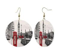1 Pair Round Leather Earring for Women Red Phone Booth London Street Print Leather Earring Hooks Suitable for Party Daily Wear