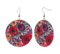 1 Pair Round Leather Earring for Women Red Pink Flowers Print Leather Earring Hooks Suitable for Party Daily Wear