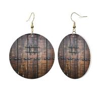 1 Pair Round Leather Earring for Women Rustic Stall Wooden Door Print Leather Earring Hooks Suitable for Party Daily Wear
