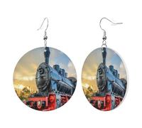 1 Pair Round Leather Earring for Women Steam Train Print Leather Earring Hooks Suitable for Party Daily Wear