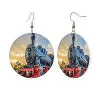 1 Pair Round Leather Earring for Women Steam Train Print Leather Earring Hooks Suitable for Party Daily Wear