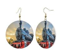1 Pair Round Leather Earring for Women Steam Train Print Leather Earring Hooks Suitable for Party Daily Wear
