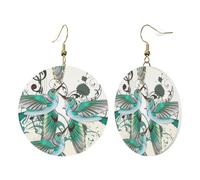 1 Pair Round Leather Earring for Women Teal Birds Musical Note Print Leather Earring Hooks Suitable for Party Daily Wear