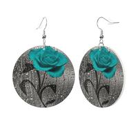 1 Pair Round Leather Earring for Women Teal Gray Rose Flower Print Leather Earring Hooks Suitable for Party Daily Wear